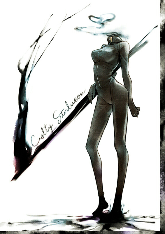 1girl, bad_id, bad_pixiv_id, black_bodysuit, bodysuit, breasts, celty_sturluson, darkness, dullahan, durarara!!, female_focus, headless, medium_breasts, ria_(rilpoppo), scythe, smoke, solo, weapon