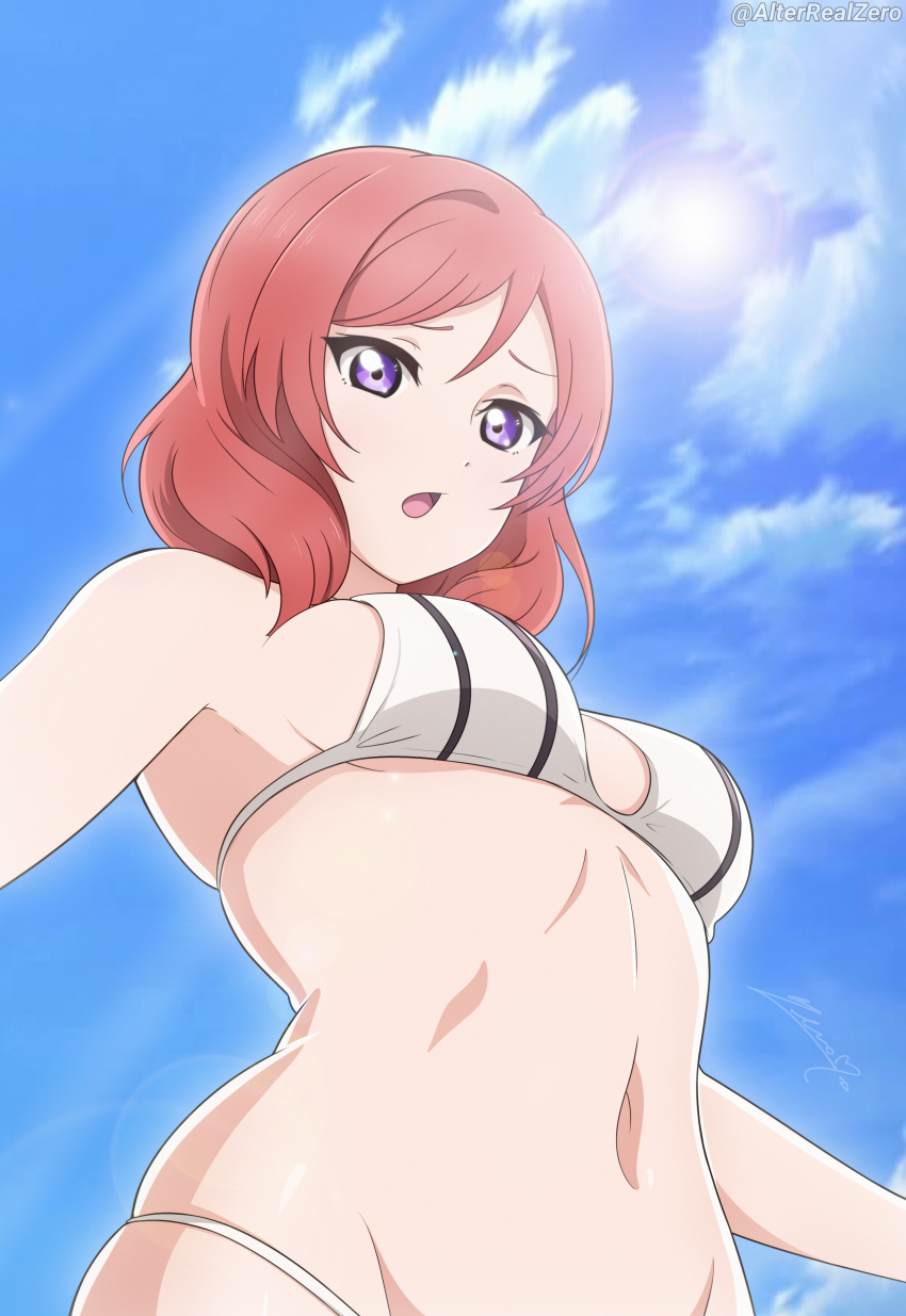 1girl, absurdres, alter_real_zero, bikini, blue_sky, breasts, cloud, day