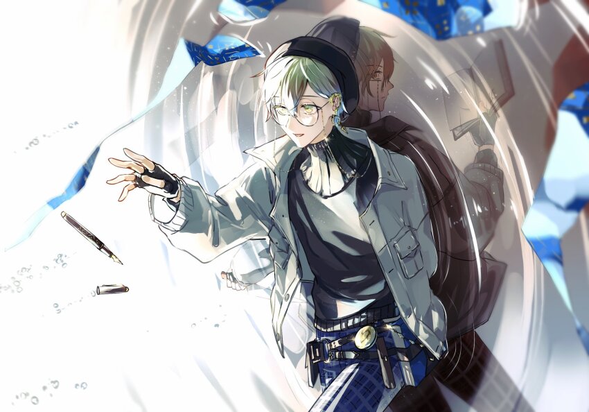 2boys, alternate_hair_color, back-to-back, beret, black_gloves, black_headwear, black_jacket, black_sweater