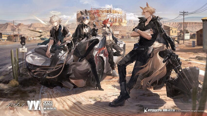 2boys, 2girls, ambience_synesthesia, animal_ears, arknights, asymmetrical_gloves, beanie, belt