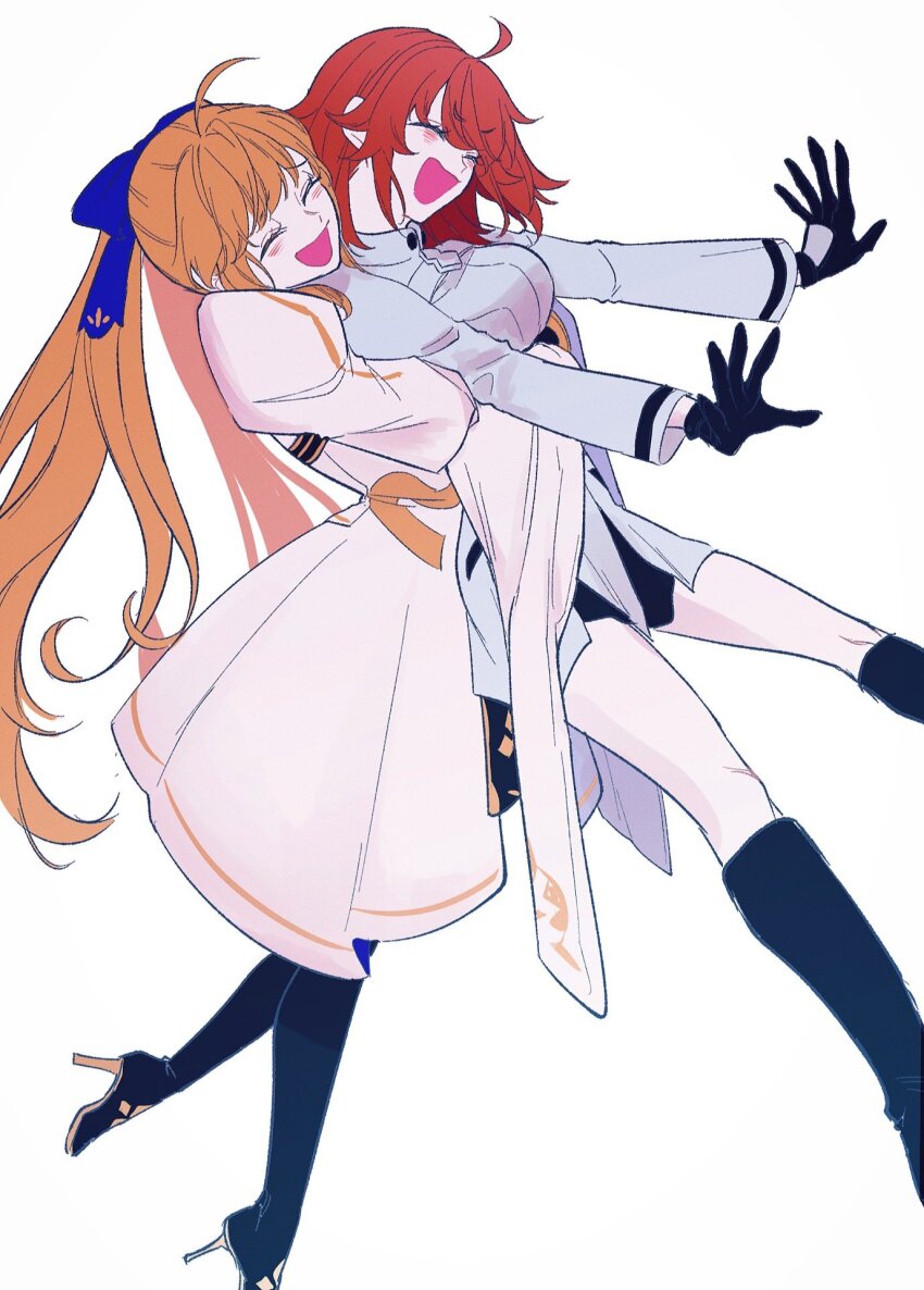 2girls, ahoge, artoria_caster_(fate), artoria_caster_(final_ascension)_(fate), artoria_caster_(third_ascension)_(fate), artoria_pendragon_(fate), black_footwear, black_gloves