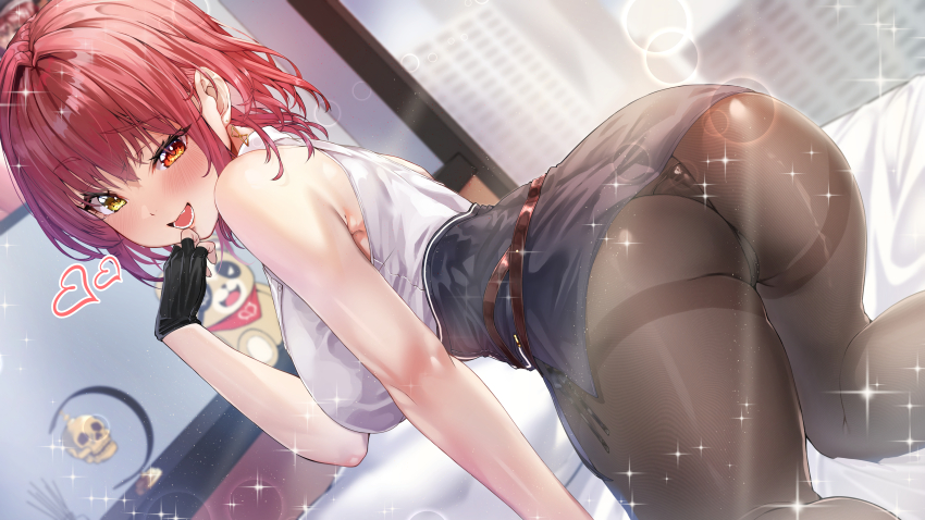 1girl, absurdres, ass, bare_shoulders, black_pantyhose, blush, breasts, dutch_angle, fingerless_gloves, gloves, heterochromia, high-waist_skirt, highres, hololive, houshou_marine, houshou_marine_(summer), houshou_marine_(businesswoman), large_breasts, looking_at_viewer, open_mouth, panties, panties_under_pantyhose, pantyhose, raag_jp, red_eyes, red_hair, shirt, short_hair, skirt, sleeveless, sleeveless_shirt, solo, thighband_pantyhose, thighs, underwear, virtual_youtuber, yellow_eyes