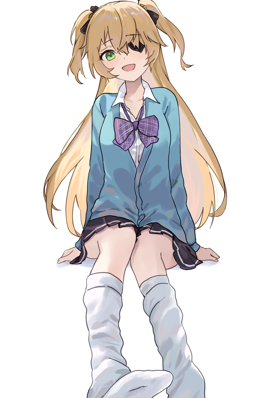 1girl, black_ribbon, black_skirt, blonde_hair, blue_sweater, bow, bowtie, collared_shirt