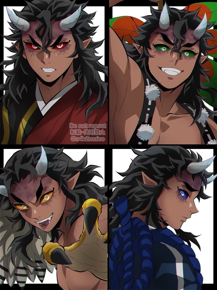 4boys, :p, a4h2maico, absurdres, aizetsu_(kimetsu_no_yaiba), black_border, black_hair, black_sclera
