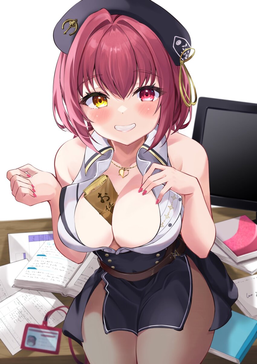 1girl, anchor_print, banknote, bare_arms, bare_shoulders, belt, black_headwear, black_pantyhose