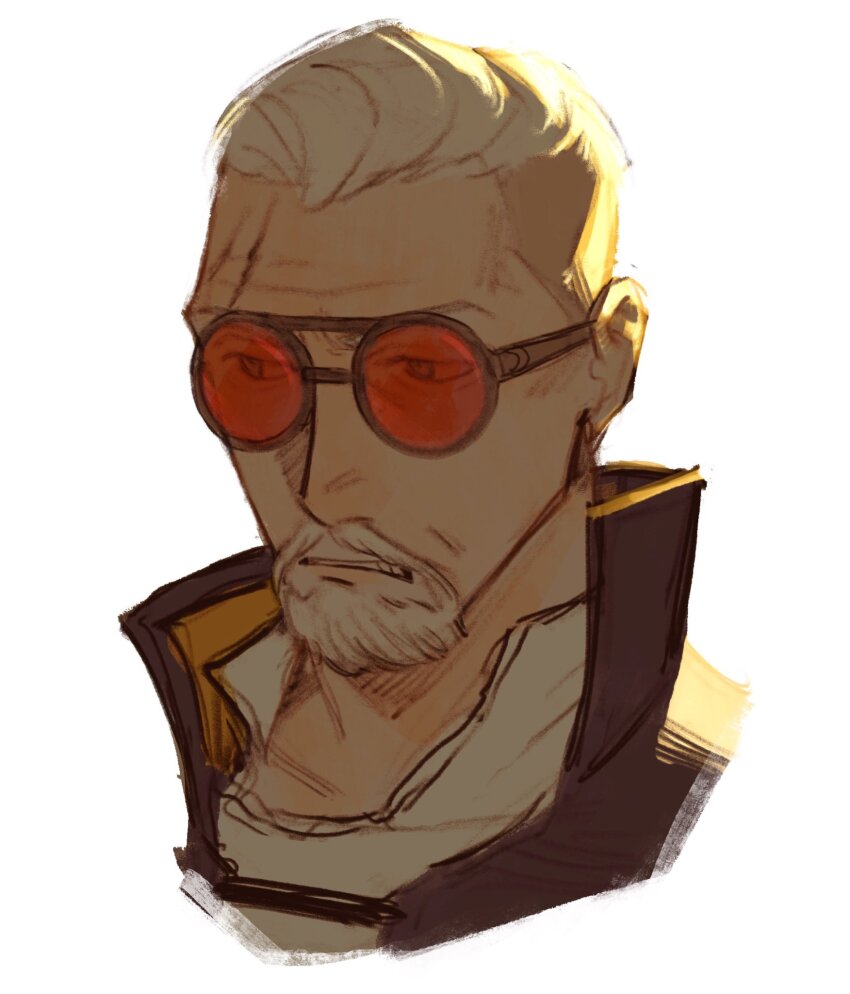 1boy, animification, apex_legends, ballistic_(apex_legends), black_eyes, black_jacket, facial_hair, goatee, grey_hair, hair_slicked_back, highres, jacket, looking_down, old, old_man, parted_lips, portrait, red-tinted_eyewear, rosshiwo, round_eyewear, shirt, solo, tinted_eyewear, white_background, white_shirt