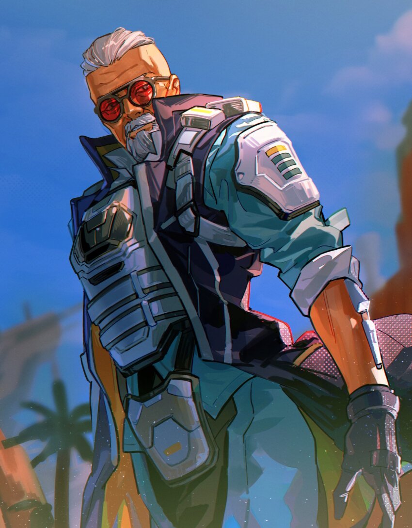 1boy, animification, apex_legends, ballistic_(apex_legends), black_eyes, black_jacket, blue_pants, blue_shirt