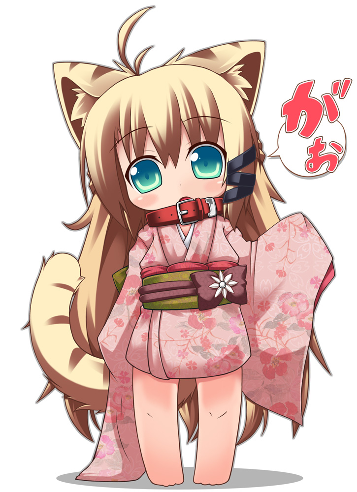 1girl, ahoge, animal_ears, barefoot, blonde_hair, chibi, collar, female_focus
