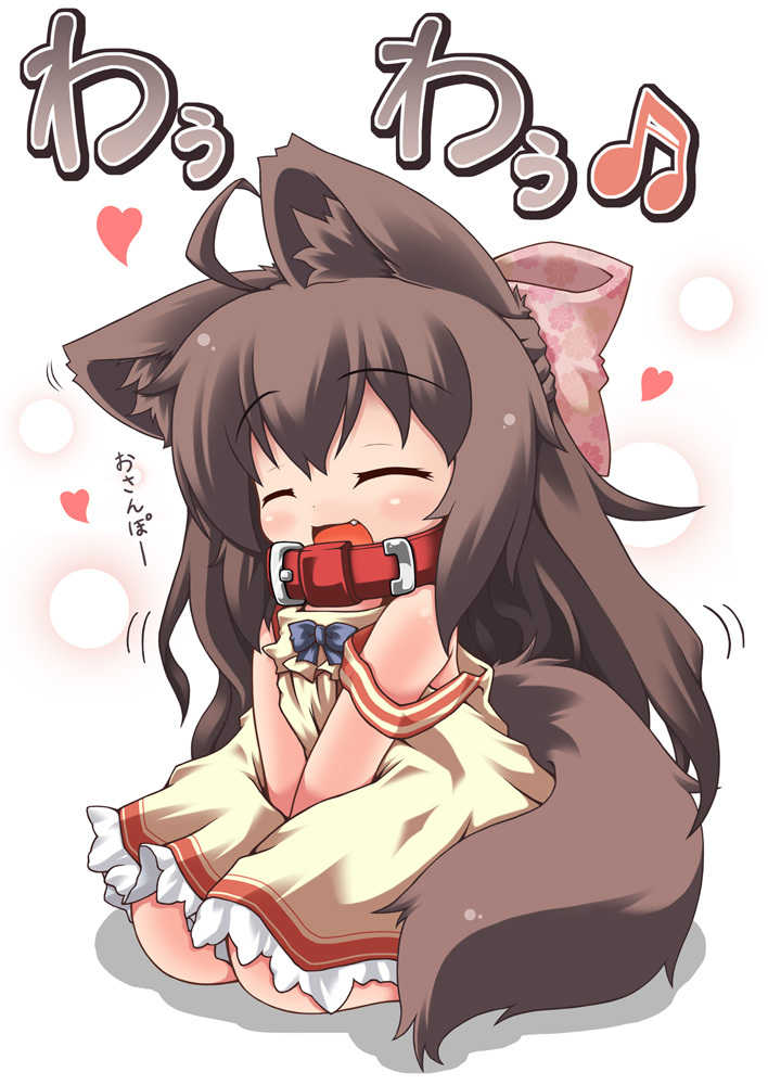 1girl, ahoge, animal_ears, bow, brown_hair, chibi, closed_eyes, collar