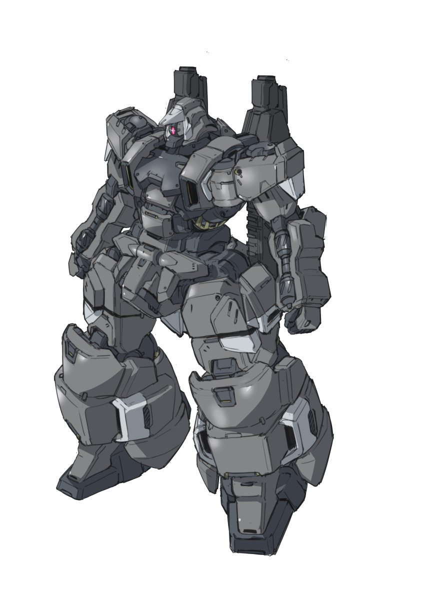 absurdres, clenched_hands, full_body, gundam, gundam_suisei_no_majo, highres, mecha, mobile_suit, niao_san_shi, no_humans, one-eyed, prodoros, red_eyes, robot, science_fiction, white_background, white_eyes