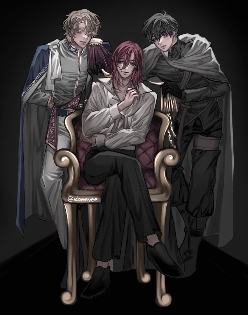 3boys, alberu_crossman, arm_behind_back, artist_name, black_background, black_footwear, black_gloves, black_hair, blonde_hair, blue_cape, blue_eyes, cale_henituse, cape, chair, choi_han, crossed_legs, dark_background, evie_(baoxiao), gloves, hair_between_eyes, highres, long_sleeves, lout_of_count's_family, male_focus, multiple_boys, red_eyes, red_hair, short_hair, sitting, smile, white_cape