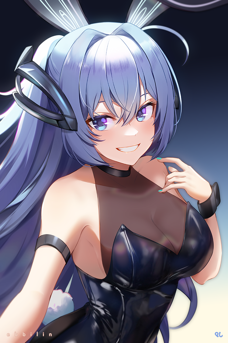 1girl, animal_ears, aqua_nails, arm_strap, artist_name, azur_lane, bare_shoulders, black_leotard