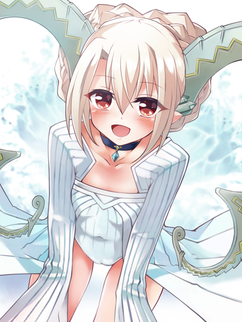 1girl, blush, braid, breasts, cameltoe, choker, cosplay, crown_braid, curled_horns, dress, fate/grand_order, fate/kaleid_liner_prisma_illya, fate_(series), hair_between_eyes, highres, horns, illyasviel_von_einzbern, jewelry, larva_tiamat_(fate), larva_tiamat_(fate)_(cosplay), larva_tiamat_(first_ascension)_(fate), long_hair, long_horns, long_sleeves, looking_at_viewer, mochi_(k620803n), open_mouth, pendant, pointy_ears, red_eyes, ribbed_dress, sidelocks, small_breasts, smile, solo, thighhighs, thighs, tiamat_(fate), white_dress, white_hair, white_thighhighs