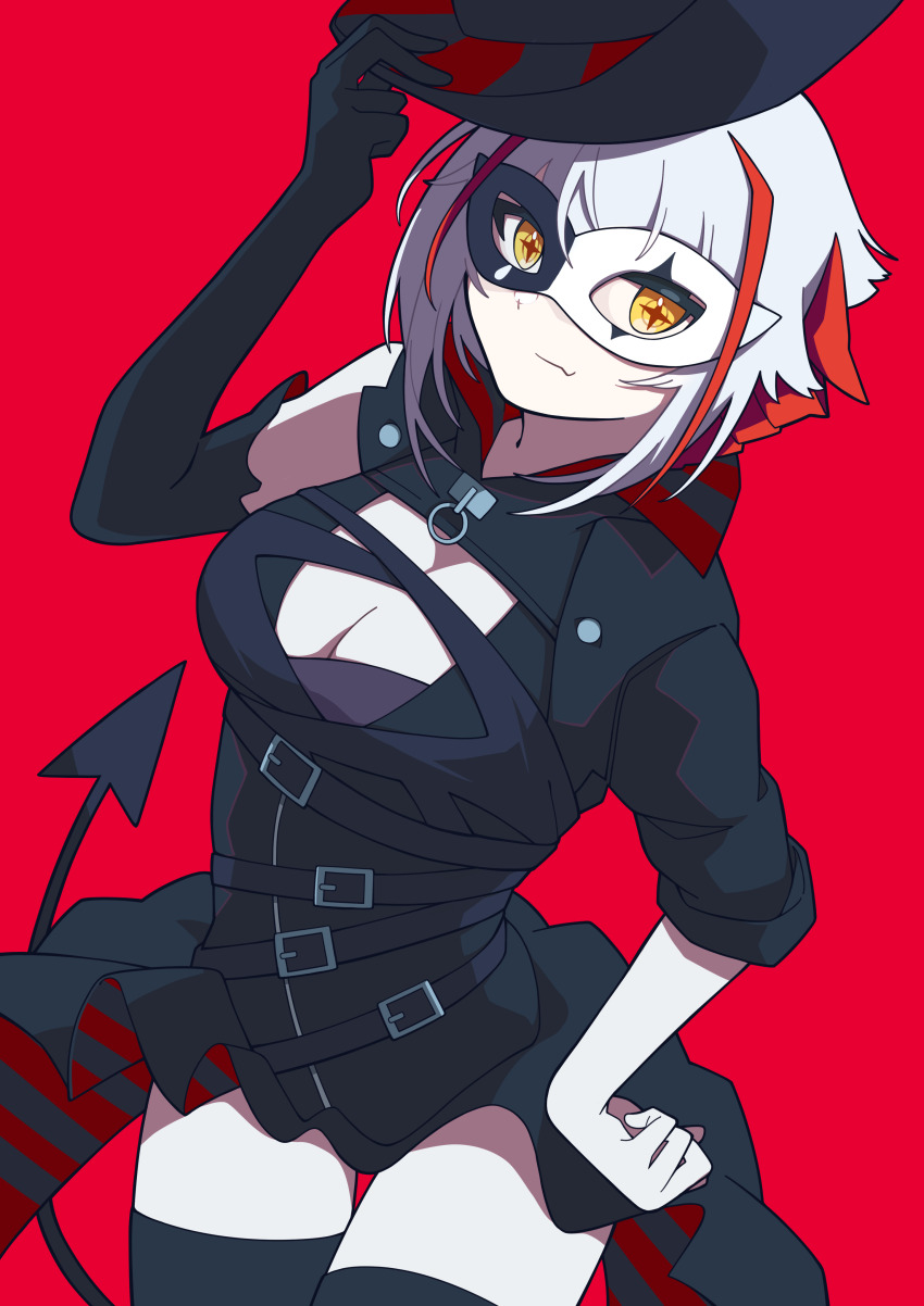 +_+, 1girl, absurdres, ambience_synesthesia, antenna_hair, arknights, asymmetrical_sleeves, belt, black_dress, black_gloves, black_thighhighs, breasts, cleavage, cleavage_cutout, closed_mouth, clothing_cutout, cowboy_shot, def_aki, demon_tail, dress, elbow_gloves, eye_mask, fang, gloves, hand_on_own_hip, hat, highres, holding, holding_unworn_clothes, holding_unworn_hat, horns, large_breasts, mask, multiple_belts, official_alternate_costume, red_background, red_hair, red_horns, simple_background, single_glove, skin_fang, smile, solo, symbol-shaped_pupils, tail, thigh_gap, thighhighs, unworn_hat, unworn_headwear, w_(arknights), w_(wanted)_(arknights), white_hair, yellow_eyes