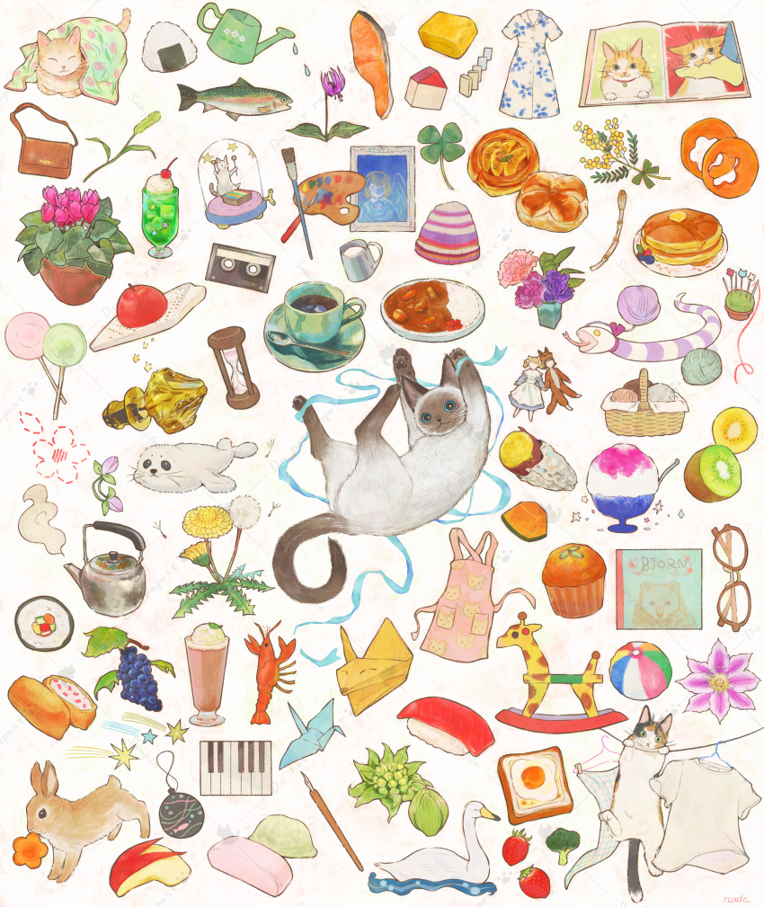 :<, :3, ^_^, absurdly_detailed_composition, absurdres, animal_print, apple, apple_rabbit, apron, artist_name, bag, ball, basket, bauble, beachball, beanie, bird, black_eyes, blanket, blue_eyes, blue_ribbon, blueberry, book, bottle_stopper, broccoli, brown-framed_eyewear, butter, butterbur, buttons, candy, cantaloupe, carrot_slice, cassette_tape, cat, cattail, cd_case, cherry, christmas_ornaments, closed_eyes, closed_mouth, clothes_hanger, clover, collared_dress, colorpoint_(pattern), cross-section, cup, cupcake, curry, dandelion, dandelion_clock, dandelion_seed, doll, dress, drink, drinking_glass, duck, egg_(food), english_text, fish, fish_(food), floral_print, flower, foil, food, food_art, four-leaf_clover, fried_egg, frothing_jug, fruit, glasses, grapes, grater, green_eyes, handbag, hat, highres, hourglass, ice, ice_cream, ice_cream_float, ice_cube, inarizushi, instrument, kiwifruit, leaf, lobster, lollipop, looking_at_viewer, makizushi, melon, milk, mochi, mouse_print, mouth_hold, multicolored_headwear, nade, nib_pen_(object), no_humans, omelet, onigiri, open_book, origami, original, paint_palette, paintbrush, painting_(object), pancake, pancake_stack, paper, paper_crane, pastry, pawpads, pen, piano_keys, pincushion, pink_apron, pink_flower, plant, plate, pocket, potted_plant, profile, purple_flower, rabbit, rainbow_trout, ribbon, rice, roasted_sweet_potato, rocking_horse, salmon, sample_watermark, saucer, seal_(animal), shaved_ice, shirt, short_sleeves, siamese_cat, signature, sitting, snake, sparkle, spoon, star_(symbol), steam, strawberry, striped_clothes, striped_headwear, sushi, sweet_potato, tamagoyaki, tea, teacup, teapot, toy_block, tulip, u_u, under_covers, vase, water, watering_can, watermark, white_asparagus, white_background, white_dress, white_shirt, winding_key, xylophone, yarn, yarn_ball, yellow_flower