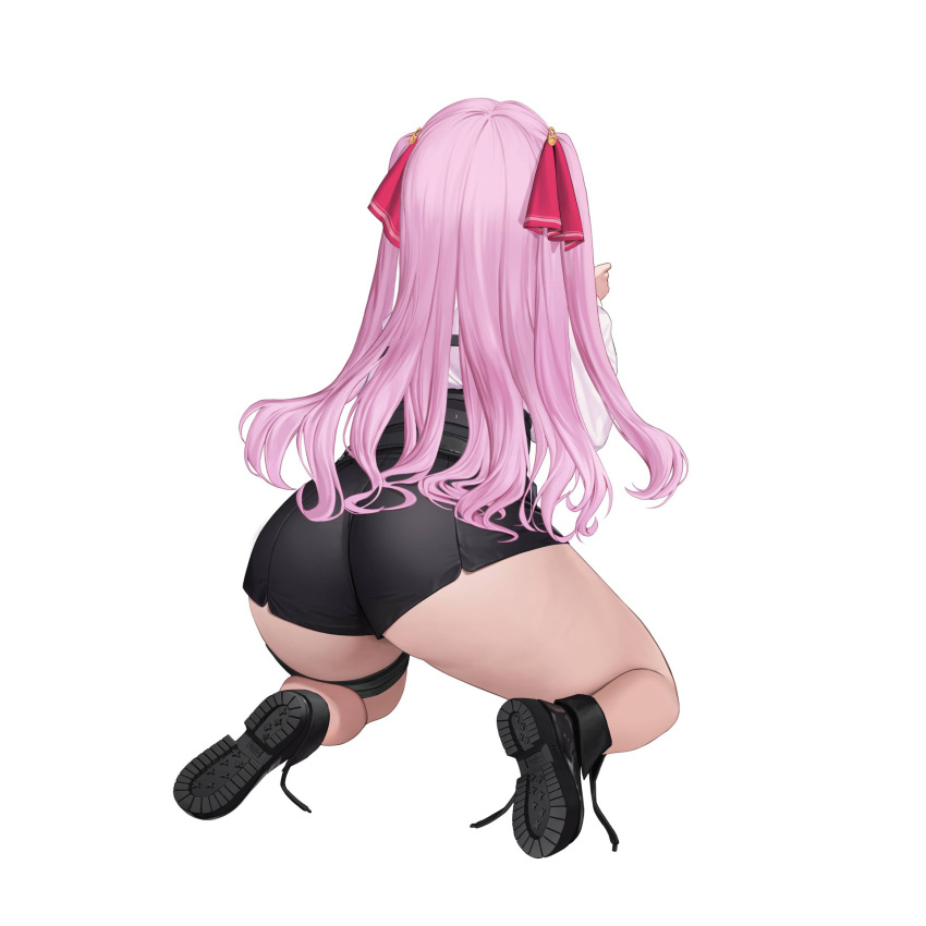 1girl, alternate_costume, ass, ass_focus, back, belt, boots, dramz