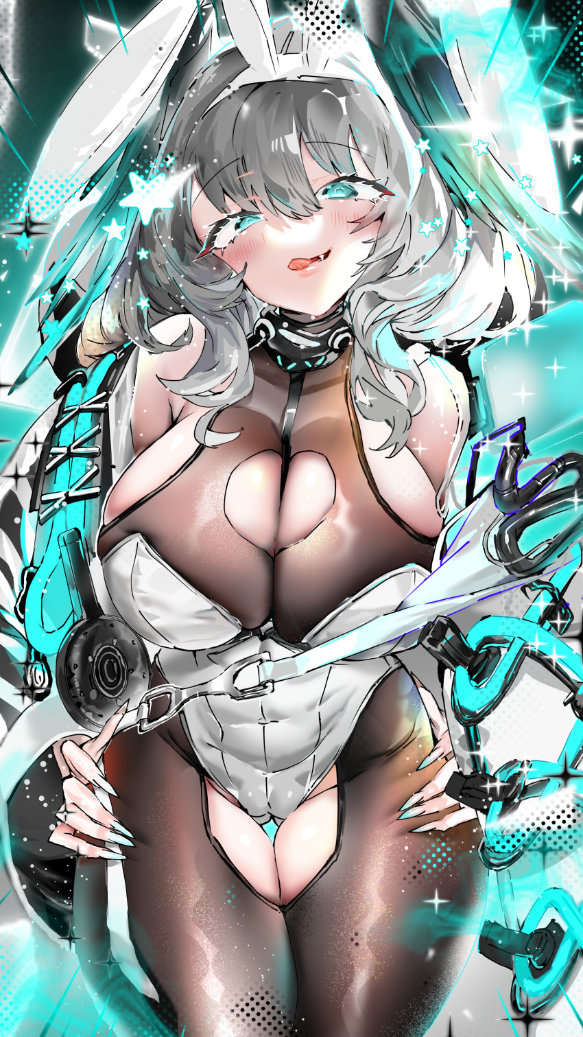 :q, absurdres, adapted_costume, animal_ears, aqua_eyes, arknights, bare_shoulders, blush, bodystocking, breasts, cleavage, cleavage_cutout, clothing_cutout, cowboy_shot, fake_animal_ears, fang, fingernails, gluteal_fold, grey_hair, hairband, highres, ho'olheyak_(arknights), large_breasts, leotard, long_fingernails, long_hair, looking_at_viewer, open_mouth, playboy_bunny, rabbit_ears, sparkle, star_(symbol), tekona0, thigh_gap, tongue, tongue_out, white_hairband, white_leotard