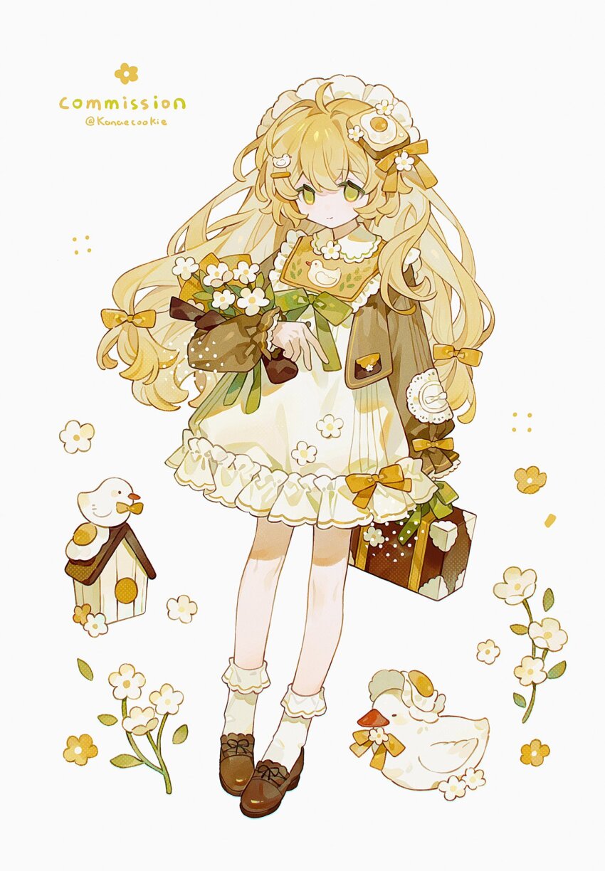 1girl, ahoge, bird, blonde_hair, bouquet, bow, bread_hair_ornament, brown_footwear