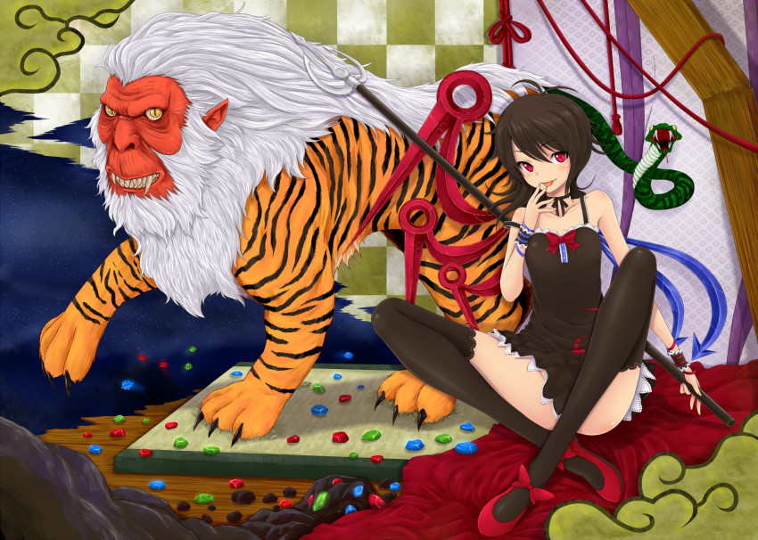 1girl, asymmetrical_wings, black_hair, black_thighhighs, chikado, chimera, chimera_(creature), dress