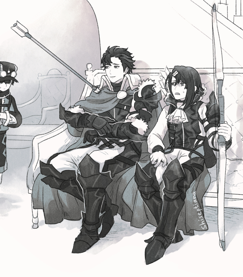 3boys, alcryst_(fire_emblem), armor, arrow_(projectile), ascot, bow_(weapon), brothers, closed_mouth