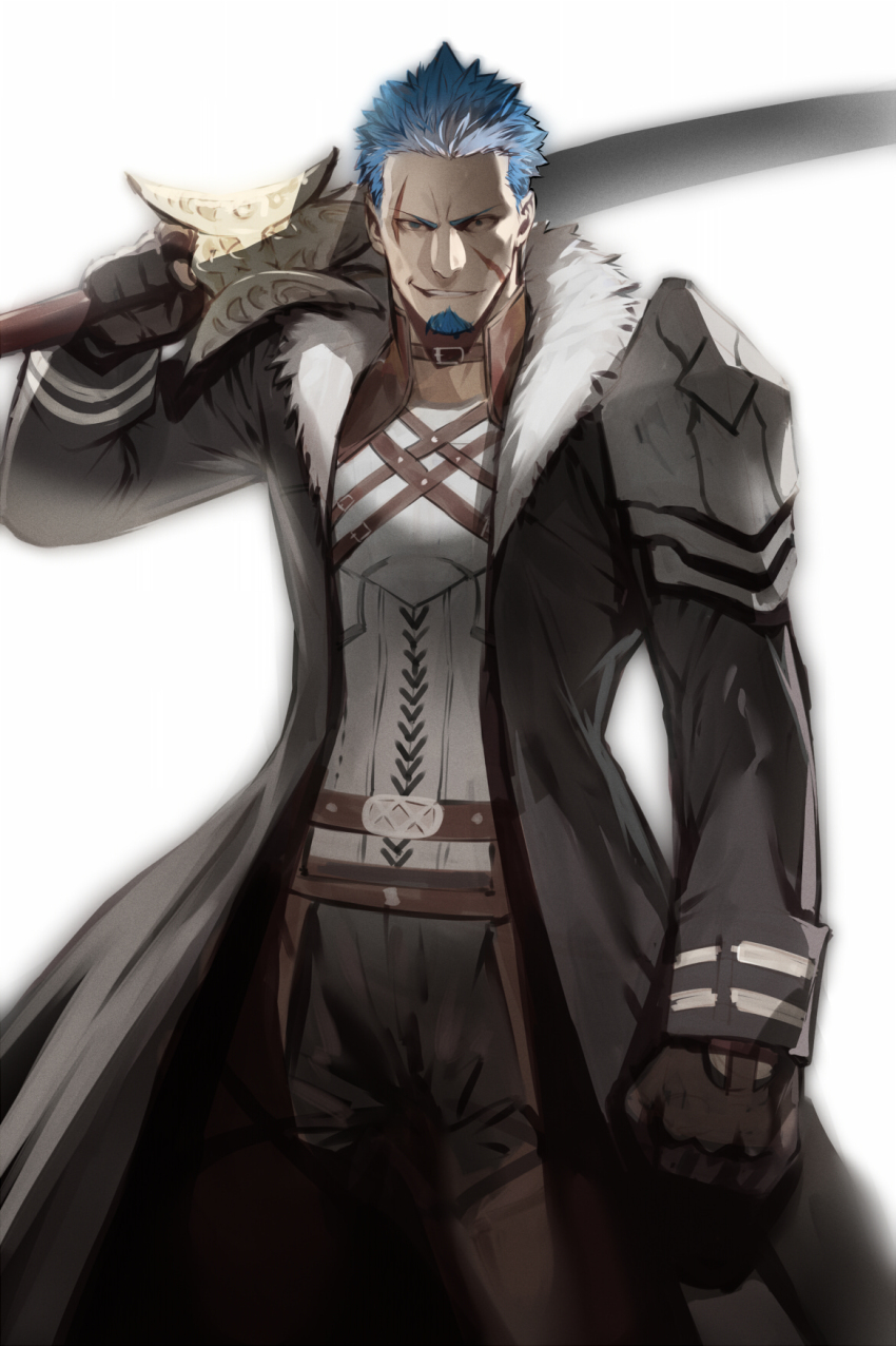 1boy, belt, black_coat, black_gloves, black_pants, blue_hair, coat, commission, facial_hair, facial_scar, fur_trim, gal_farion, gloves, goatee, highres, holding, holding_sword, holding_weapon, kasei_yukimitsu, long_sleeves, male_focus, mushoku_tensei, open_clothes, open_coat, pants, pixiv_commission, scar, scar_on_cheek, scar_on_face, standing, sword, weapon, white_hair