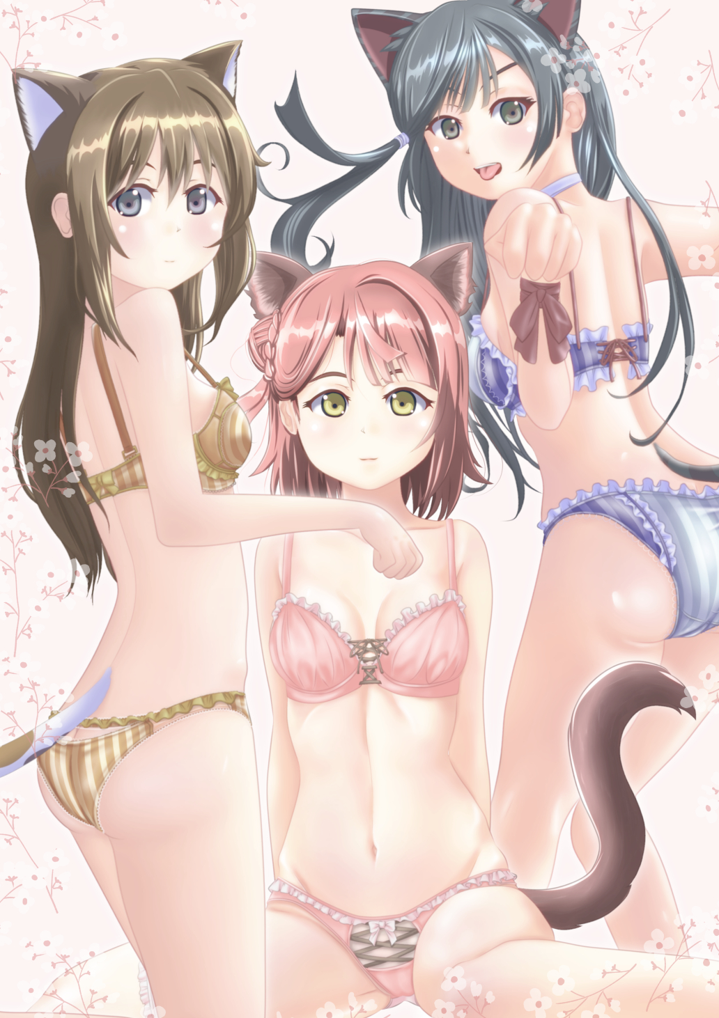 3girls, :p, animal_ears, arms_behind_back, ass, back, black_eyes, black_hair
