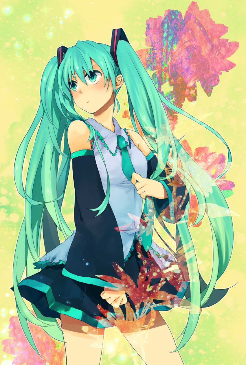 1girl, aqua_eyes, aqua_hair, detached_sleeves, female_focus, hatsune_miku, highres, itonoko