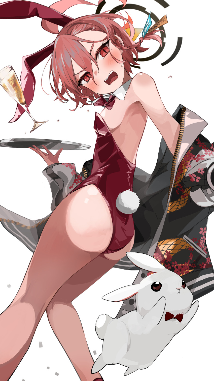 1girl, absurdres, animal_ears, ass, asymmetrical_bangs, bare_shoulders, blue_archive, blue_ribbon