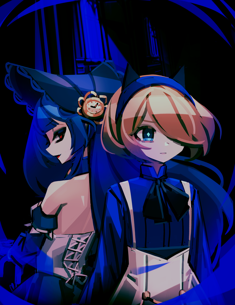 2girls, :|, animal_ears, aqua_pupils, aria_(phantom_rose), arms_at_sides, ascot, back, back-to-back, bare_shoulders, black_ascot, black_background, blue_background, blue_eyes, blue_hair, blue_hairband, blue_shirt, blunt_bangs, bob_cut, bonnet, breasts, bright_pupils, bustier, character_request, clock, clock_hat_ornament, closed_mouth, collared_shirt, commentary, cross-laced_clothes, cross-laced_top, dark_background, detached_sleeves, diamond-shaped_pupils, diamond_(shape), expressionless, eyebrows_hidden_by_hair, fake_animal_ears, flat_chest, floating_hair, hair_over_one_eye, hairband, hat_ornament, high-waist_skirt, high_collar, long_bangs, long_eyelashes, long_hair, looking_at_viewer, looking_away, looking_back, makaroll, multiple_girls, phantom_rose, pointy_nose, profile, red_eyes, red_lips, shirt, shirt_tucked_in, short_hair, sideways_glance, skirt, small_breasts, suspender_skirt, suspenders, swept_bangs, symbol-shaped_pupils, two-tone_background, upper_body, very_long_hair, white_bustier, white_skirt