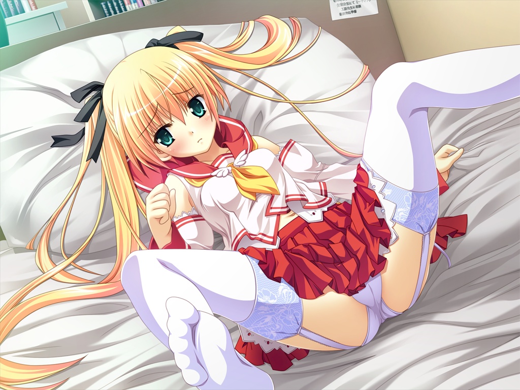 1girl, aqua_eyes, bed, blonde_hair, blush, circus_(studio), detached_sleeves, feet, female_focus, garter_belt, green_eyes, hair_ribbon, lace, lace-trimmed_legwear, lace_trim, legs, legs_up, lying, on_back, on_bed, panties, ribbon, rpg_gakuen, school_uniform, serafuku, side-tie_panties, skirt, smile, solo, spread_legs, stella_fitzgerald, thighhighs, twintails, underwear, white_panties, white_thighhighs