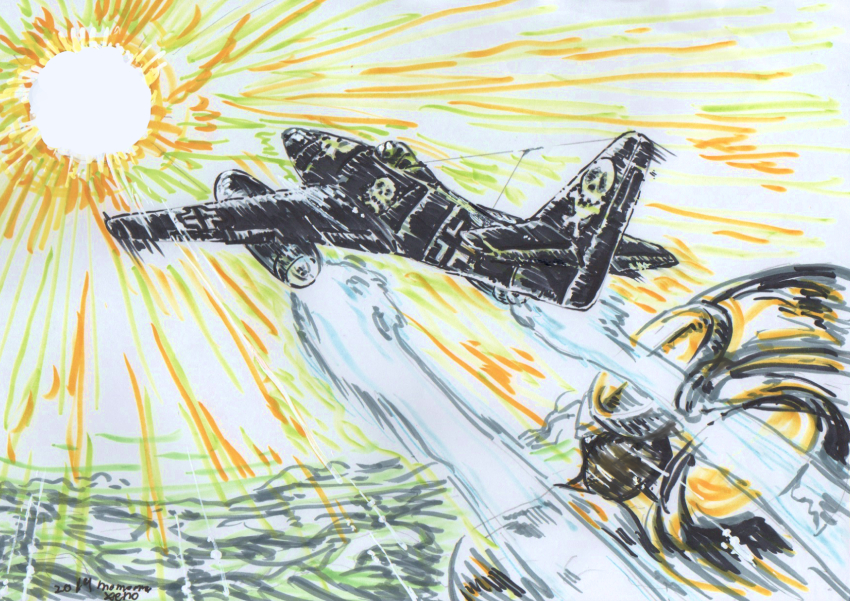 1970s_(style), 1boy, afterburner, aircraft, airplane, comic, commentary_request, contrail, eyepatch, fighter_jet, flying, goggles, harlock, hat, highres, jolly_roger, light_rays, luftwaffe, marker_(medium), matsumoto_leiji_(style), me_262, military, military_vehicle, motion_lines, oldschool, oxygen_mask, pilot, pilot_suit, propeller_fighter, retro_artstyle, scan, sketch, sun, sunbeam, sunlight, takahashi_tomoyuki, the_cockpit_(ova), thrusters, traditional_media, upper_body, world_war_ii