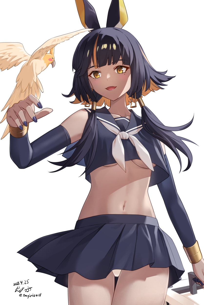 1girl, animal_ears, animal_on_arm, bird, black_hair, black_nails, black_serafuku, black_shirt, black_skirt, bracelet, breasts, collarbone, commentary, commentary_request, dark-skinned_female, dark_skin, dated, detached_sleeves, girls'_frontline, girls'_frontline_neural_cloud, highres, holding, imhotep_(her_secret)_(neural_cloud), imhotep_(neural_cloud), jewelry, long_hair, looking_at_animal, medium_breasts, mole, mole_under_eye, multicolored_hair, nail_polish, navel, official_alternate_costume, open_mouth, orange_hair, panties, pantyshot, pleated_skirt, sarasa_(kanbi), school_uniform, serafuku, shirt, signature, simple_background, skirt, solo, streaked_hair, twitter_username, underboob, underwear, white_background, white_panties, yellow_eyes