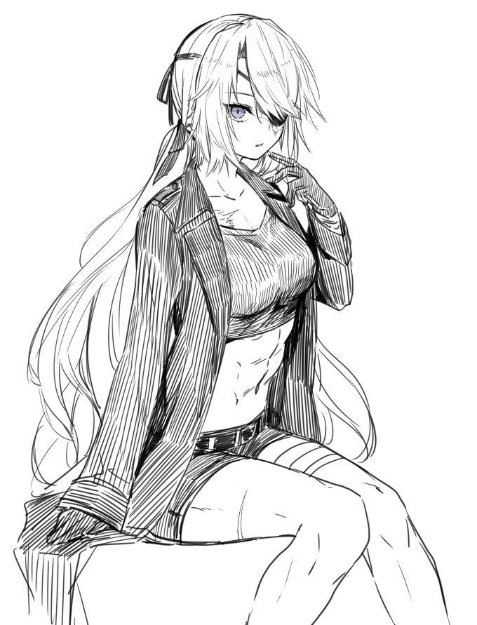 16_color, abs, bandages, blue_eyes, breasts, burn_scar, coat, crop_top
