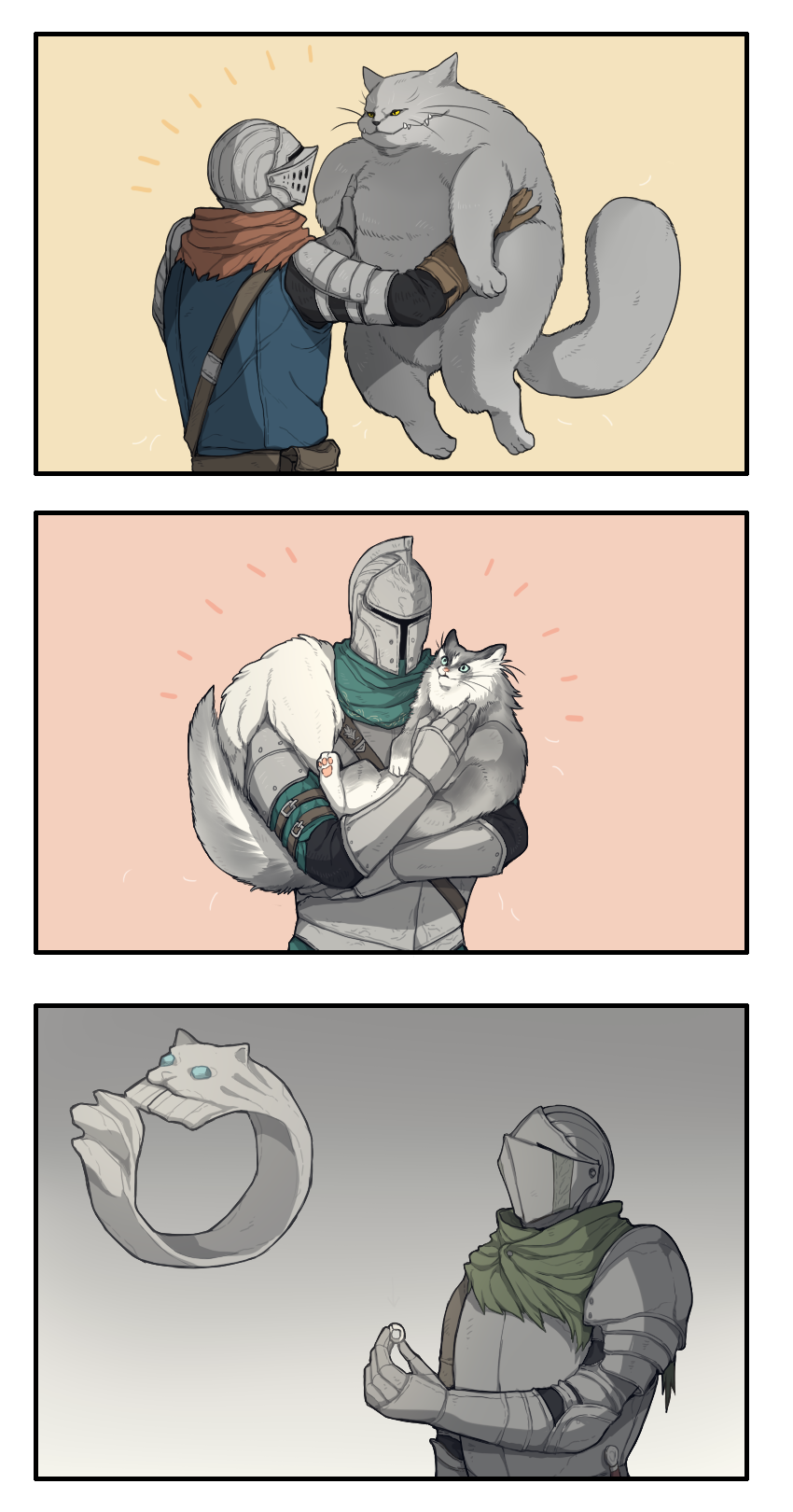 3boys, alvina_of_the_darkroot_wood, animal, armor, ashen_one_(dark_souls), bearer_of_the_curse, belt, breastplate