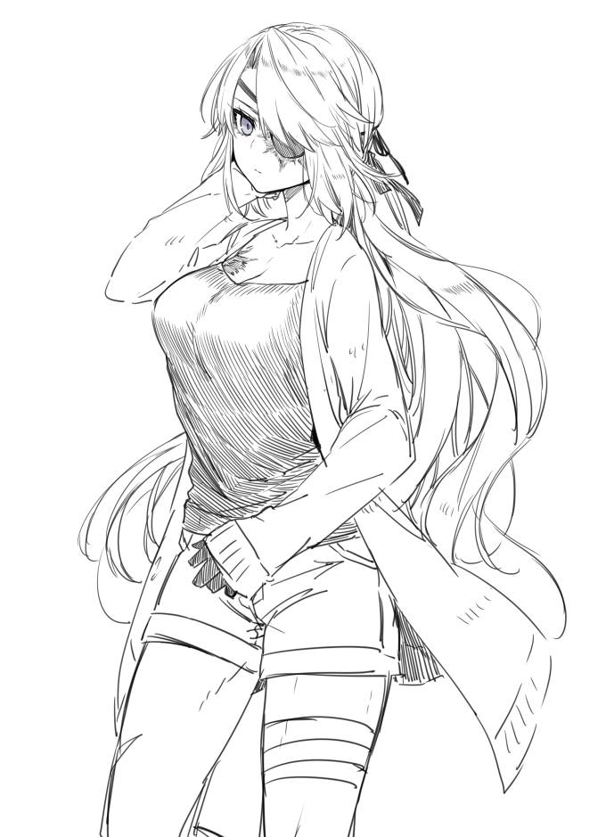 16_color, bandages, blue_eyes, breasts, burn_scar, eyepatch, gloves, hair_over_one_eye