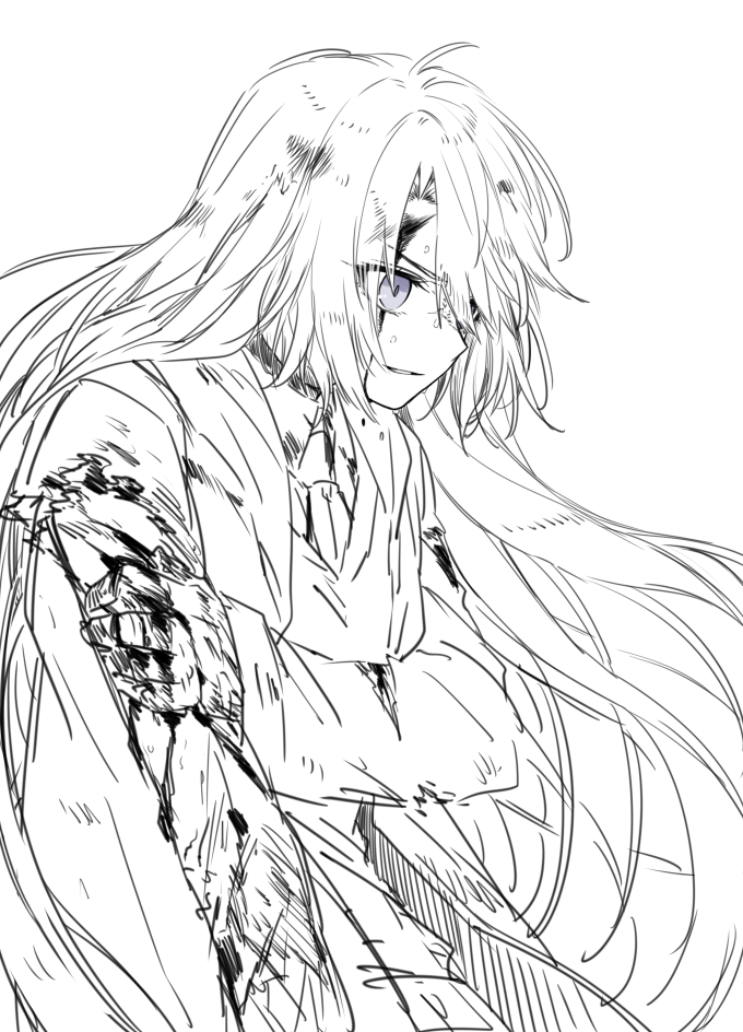 16_color, bandages, blue_eyes, breasts, burn_scar, formal_clothes, hair_over_one_eye, injury