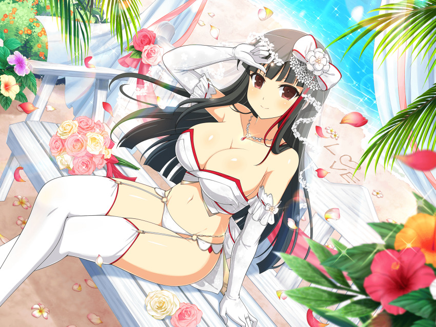 1girl, beach, bench, black_hair, blush, bouquet, bow, breasts