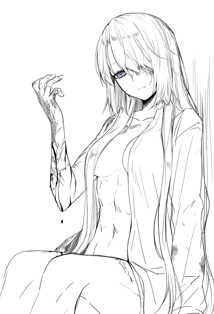 16_color, abs, blue_eyes, breasts, burn_scar, eyepatch, hair_over_one_eye, injury, jacket, large_breasts, long_hair, lydia_macarthur, muscular, muscular_female, nude, one-eyed, open_clothes, open_jacket, original, scar, sitting, waka_(shark_waka), white_background, white_hair