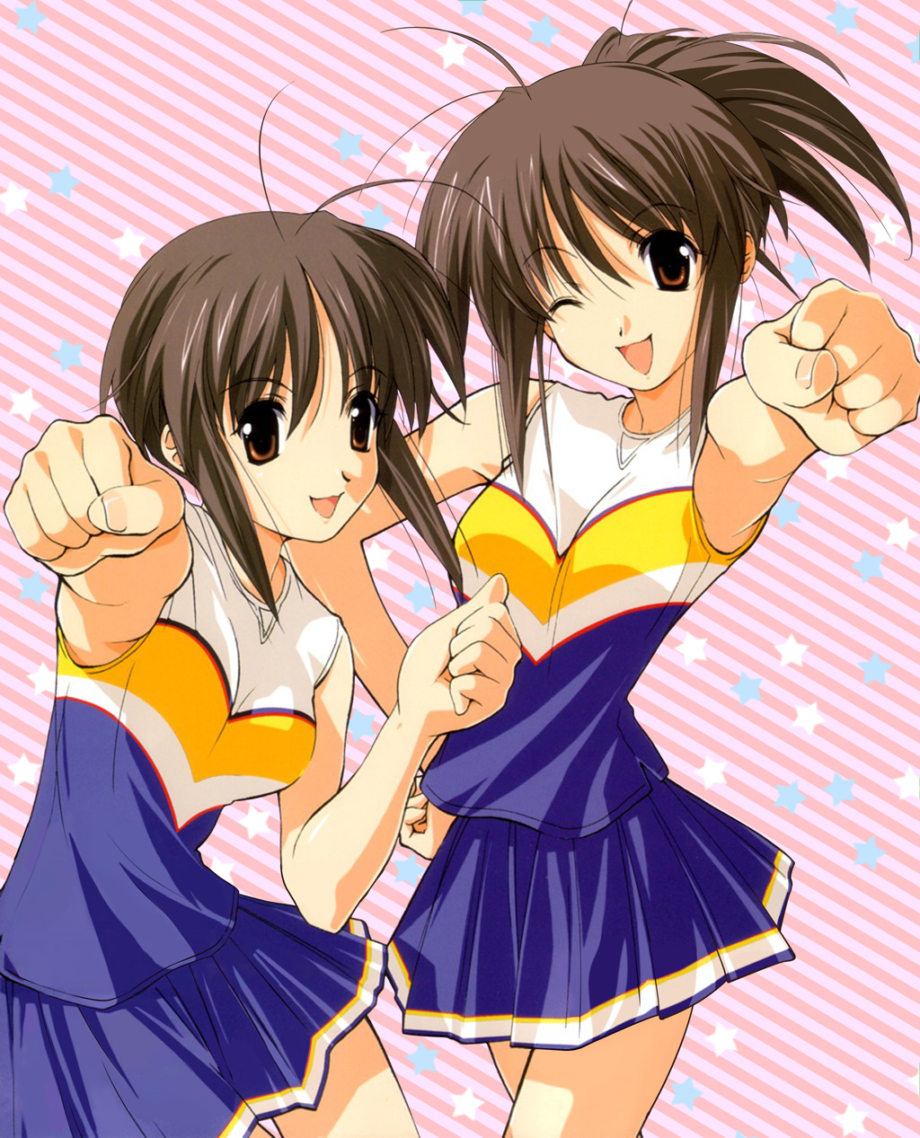 00s, 2girls, :d, ;d, antenna_hair, armpits, bare_shoulders, blue_skirt