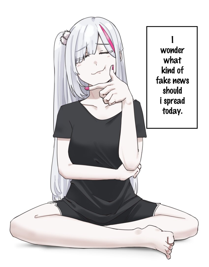 1girl, barefoot, black_shirt, black_shorts, breasts, closed_eyes, collarbone, commentary