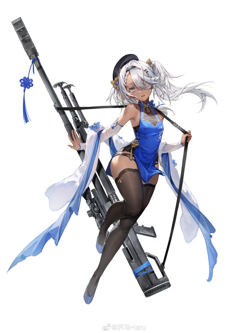 1girl, absurdres, anti-materiel_rifle, arm_tattoo, armpits, bare_shoulders, blue_dress, blue_footwear, bolt_action, breasts, china_dress, chinese_clothes, dark-skinned_female, dark_skin, detached_sleeves, dress, eyepatch, feather_boa, full_body, girls'_frontline, grey_eyes, gun, gun_sling, hair_between_eyes, hair_ornament, hairband, hat, highres, hs.50_(girls'_frontline), hs.50_(sigh_of_the_waterfront_pine)_(girls'_frontline), jewelry, looking_at_viewer, multiple_rings, official_alternate_costume, official_art, rifle, ring, sawamaharu, scope, simple_background, sleeveless, sleeveless_dress, small_breasts, sniper_rifle, solo, steyr_hs_.50, tattoo, thighhighs, thighs, watermark, weapon, weibo_watermark, white_background, white_hair