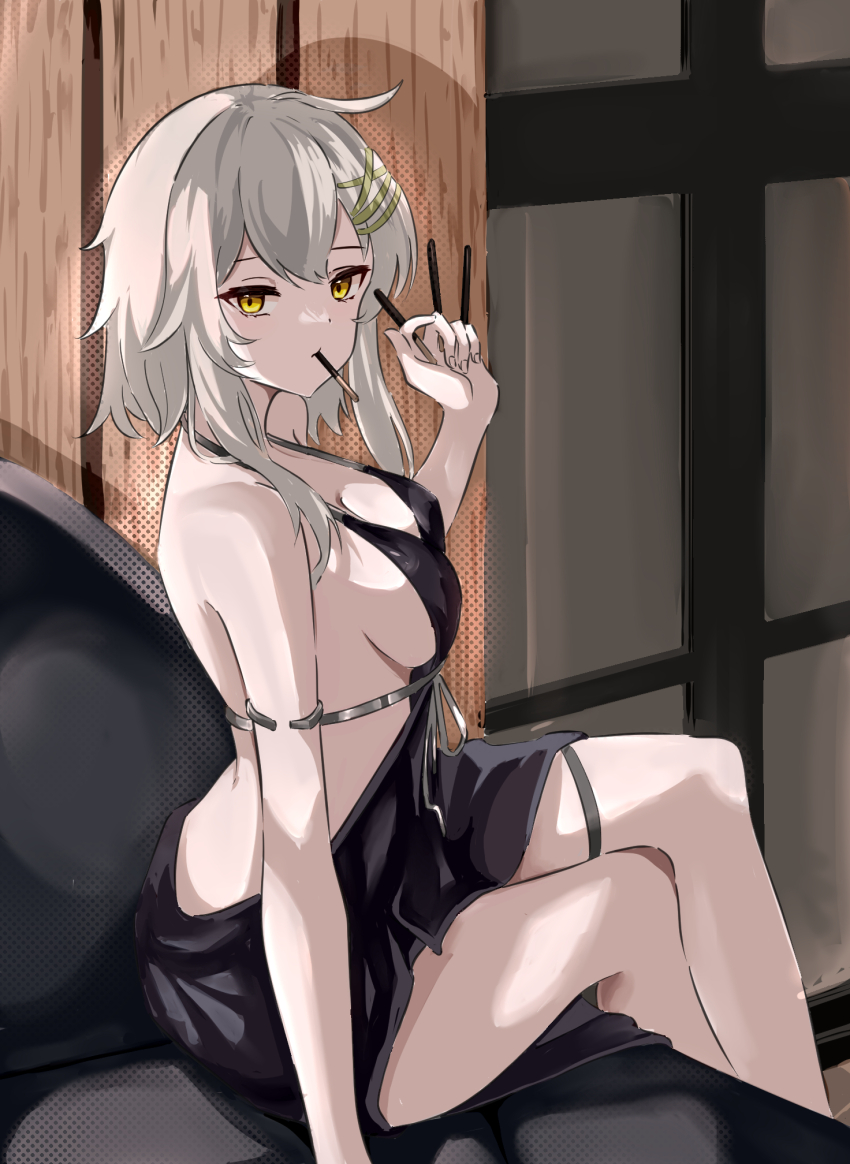 1girl, ahoge, alternate_costume, backless_dress, backless_outfit, bare_shoulders, black_dress, breasts