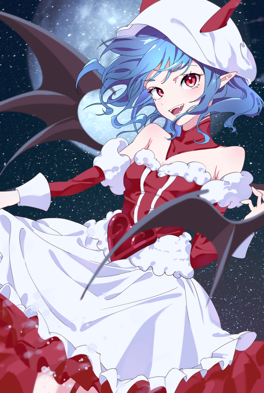 1girl, alternate_costume, bare_shoulders, bat_wings, blue_hair, commission, fangs, full_moon