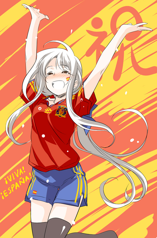 1girl, 2010_fifa_world_cup, archerko_(himura_kiseki), arms_up, blush, crying, fate/stay_night, fate_(series), female_focus, happy, happy_tears, himura_kiseki, long_hair, open_mouth, ponytail, shorts, smile, soccer, solo, spain, spanish_flag, spanish_text, tears, thighhighs, translated, white_hair, world_cup