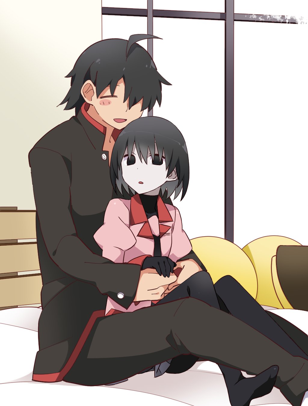 1boy, 1girl, :d, ahoge, araragi_koyomi, arm_between_legs, arms_around_another's_waist, artist_collaboration