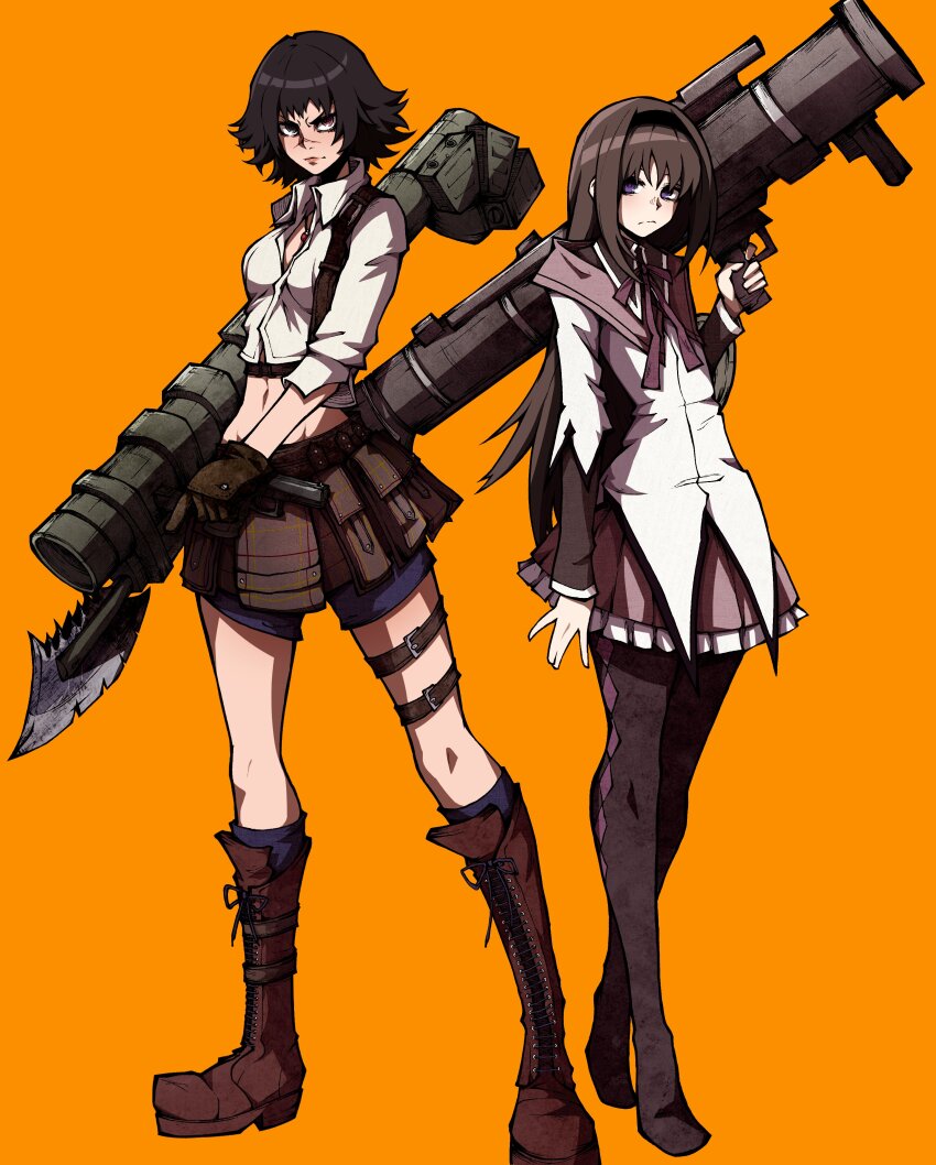 2girls, absurdres, akemi_homura, akemi_homura_(magical_girl), at4, bayonet, bazooka, black_hair