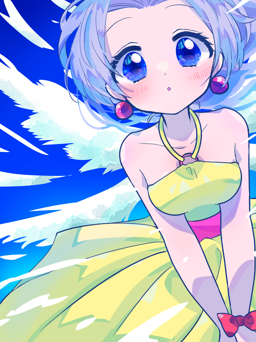 1girl, bare_shoulders, bemani, blue_eyes, blue_sky, blush, bow, cloud