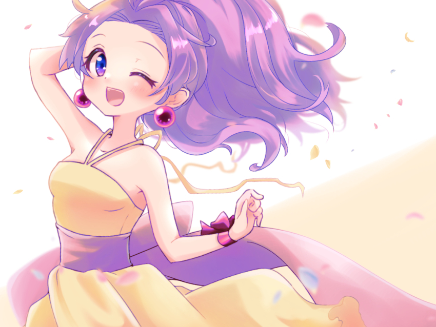 1girl, arm_up, bare_shoulders, bemani, blue_eyes, blush, collarbone, dress, earrings, eyelashes, falling_petals, jewelry, moe_(pop'n_music), one_eye_closed, open_mouth, petals, ponytail, pop'n_music, purple_hair, rozimechicka_01, solo, teeth, upper_teeth_only, white_background, wrist_bow, yellow_dress
