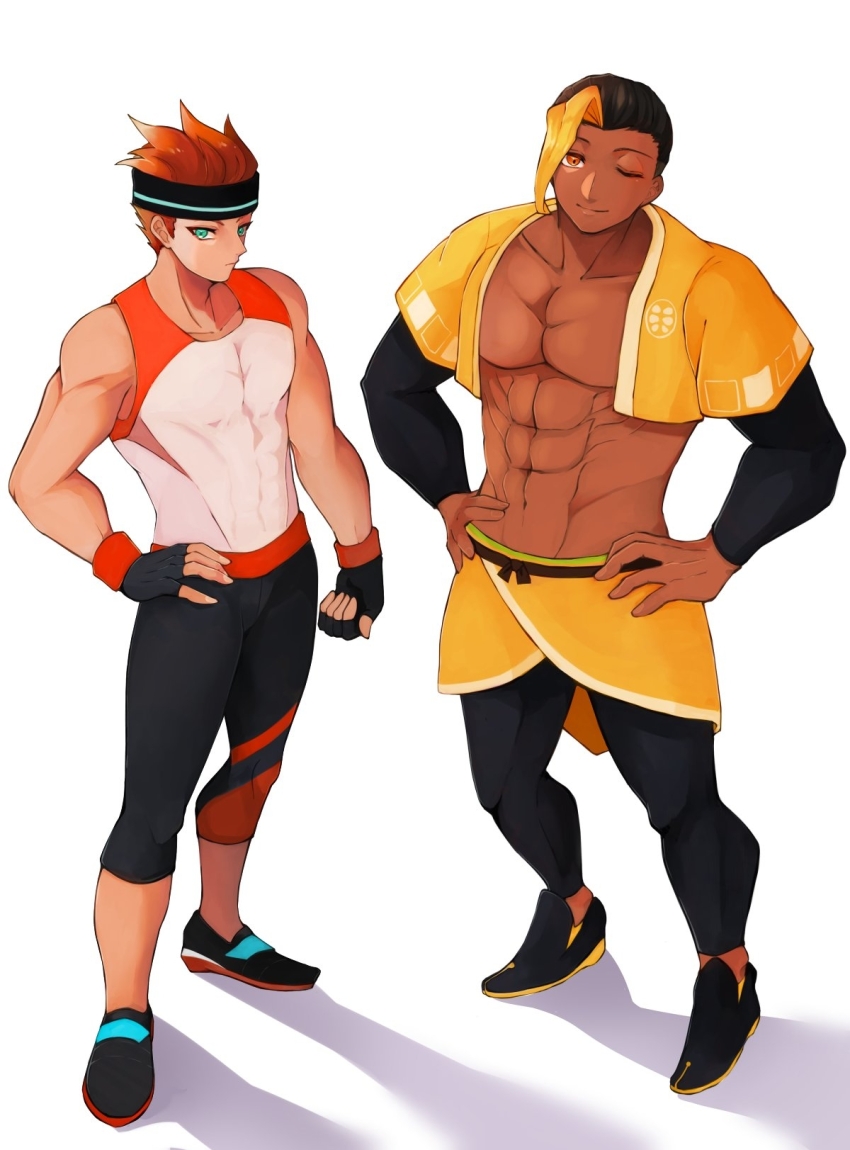 2boys, abdonis, blue_eyes, commentary_request, dark-skinned_male, dark_skin, highres, male_focus