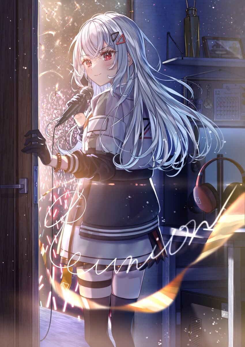 1girl, calendar_(object), grey_hair, grey_jacket, hair_ornament, headphones, highres, indie_virtual_youtuber